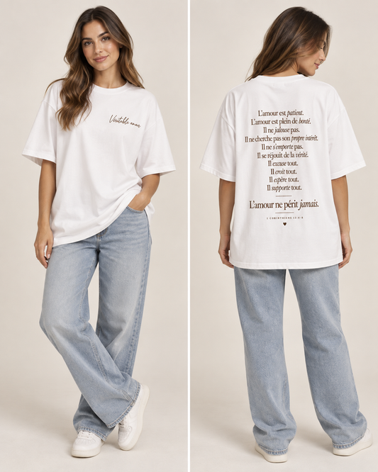T-shirt oversize “Véritable amour” — 1 Corinthiens 13