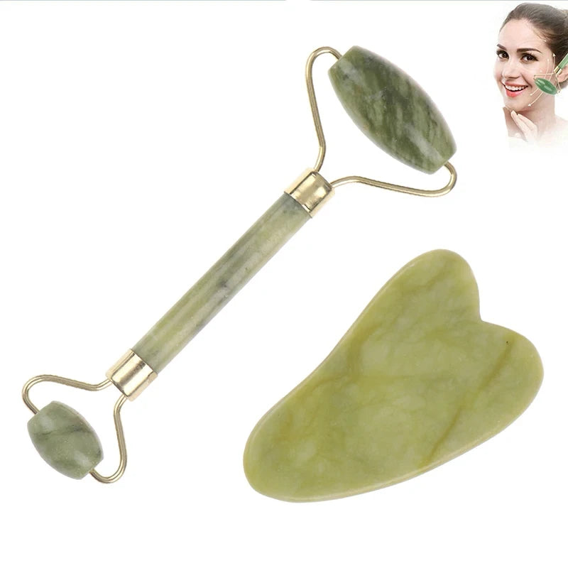 Outils Naturels de massage pour le visage en Jade- Rouleau & Gua Sha