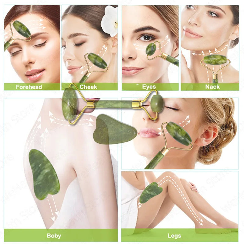 Outils Naturels de massage pour le visage en Jade- Rouleau & Gua Sha